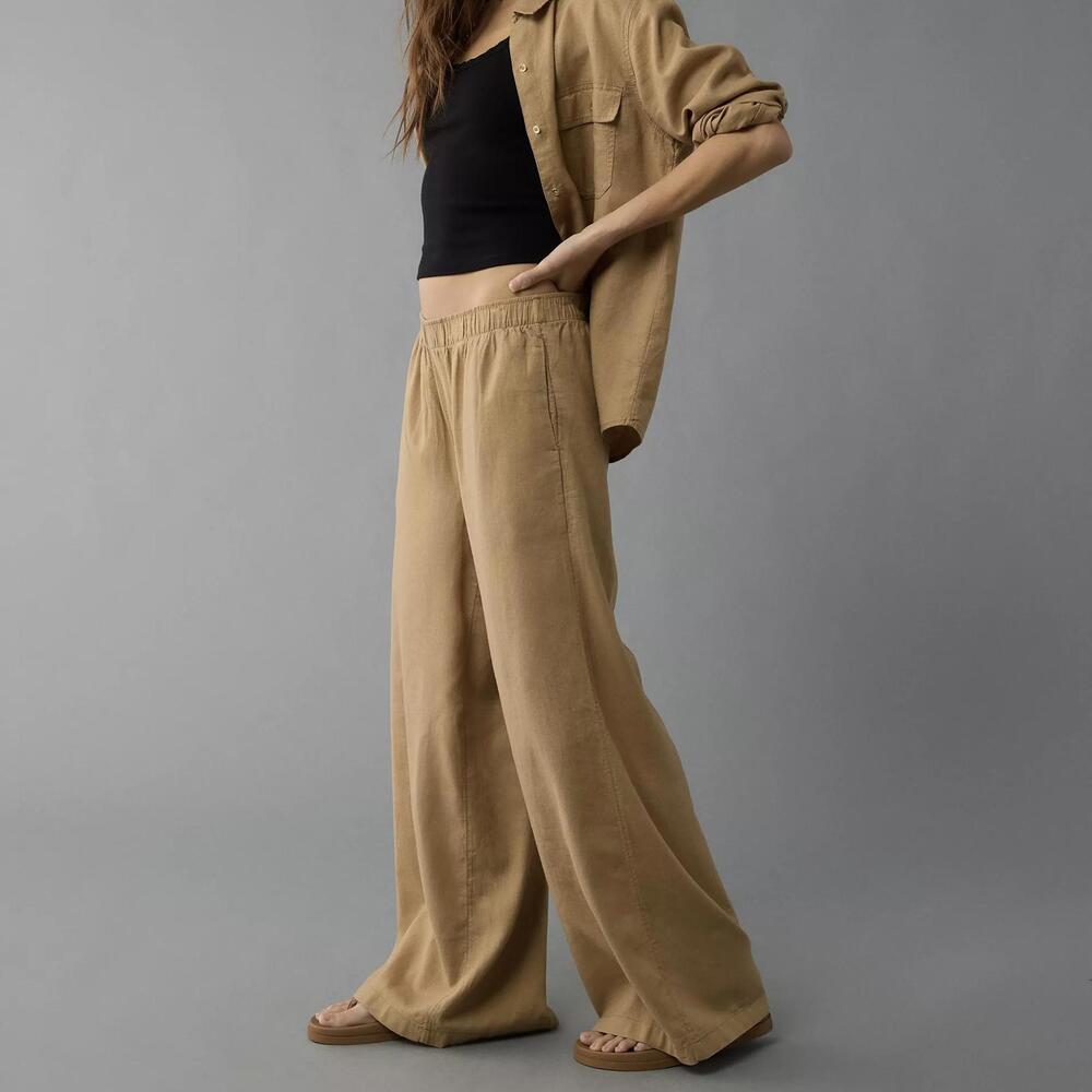 AE Tan Linen-Blend Pull-On High-Waisted Pants American Eagle Camel - Picture 4 of 6